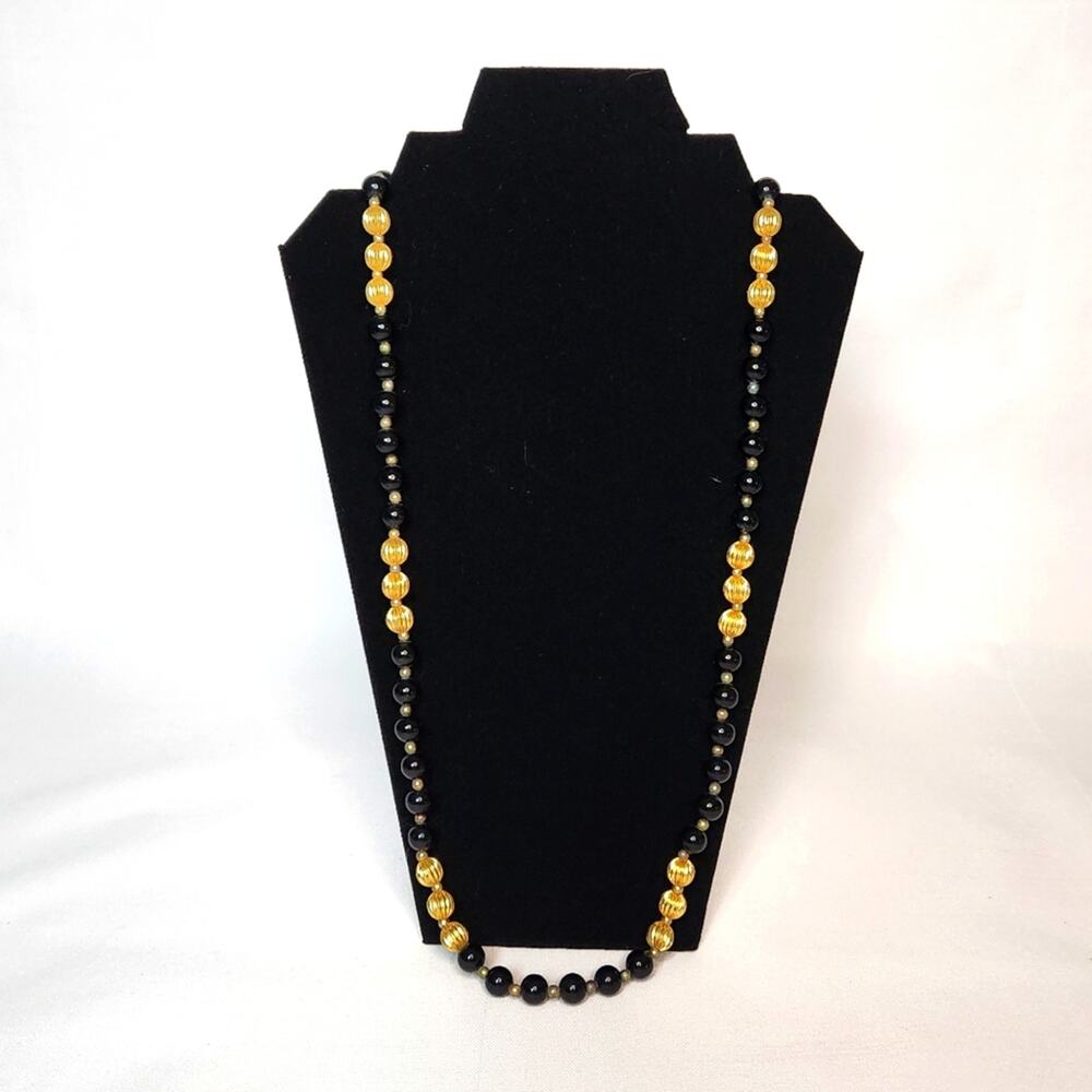 Black & Gold Beaded Necklace | 18” Vintage Statement Piece - Picture 2 of 8